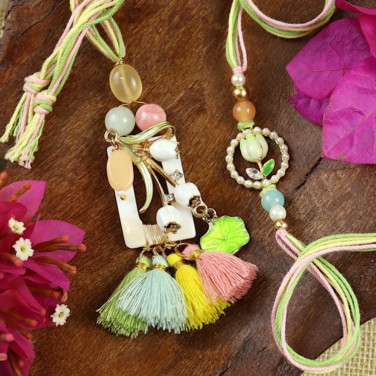 Enamel Flower Mother of Pearl Tassel Bhaiya Bhabhi Rakhi Pair