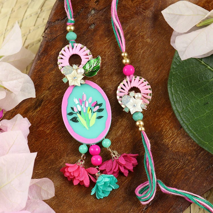 Floral Tassel Decorated Bhaiya Bhabhi Rakhi Pair