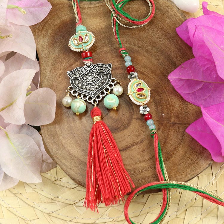 Kundan Oxidized Pendant Bhaiya Bhabhi Rakhi Pair [LS25-064]