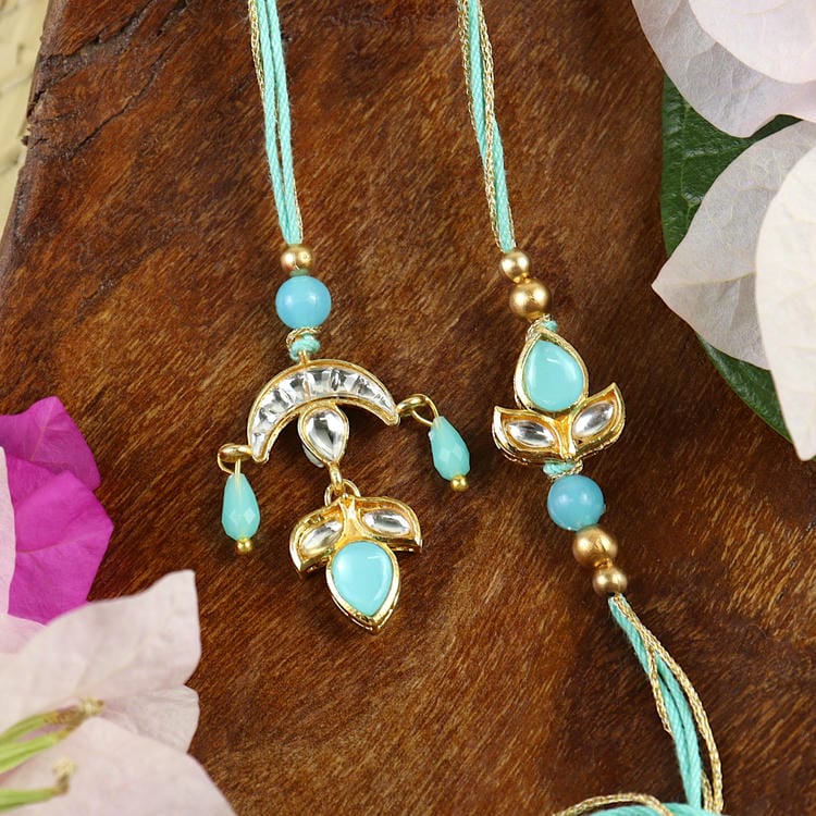 Kundan Stone Bhaiya Bhabhi Rakhi Pair [Blue]