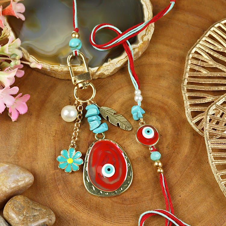 Evil Eye Floral Hanging Charm Bhai Bhabhi Rakhi Pair – Festive Rakhi Design for Raksha Bandhan