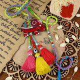 Elephant Brooch Bhai Bhabhi Rakhi pair — Rakhi and Lumba laid flat
