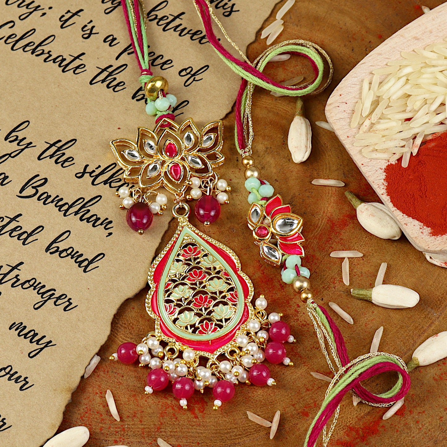 Filigree Enameled Bhai Bhabhi Rakhi pair — Rakhi and Lumba laid flat