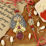 Kundan Lotus & Oxidized Bhai Bhabhi Rakhi pair — Rakhi and Lumba laid flat