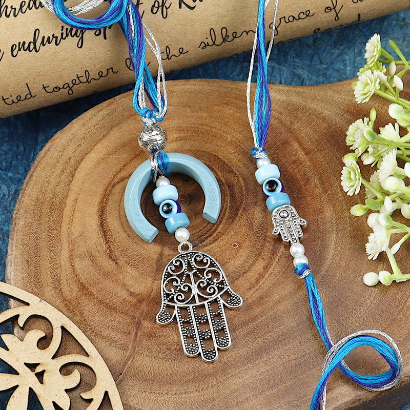 Hamsa Evil Eye Bhai Bhabhi Rakhi pair — Rakhi and Lumba laid flat