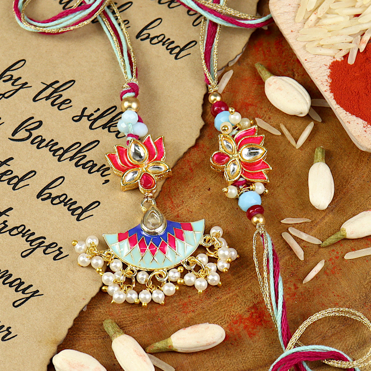 Meena Kundan Bhai Bhabhi Rakhi pair — Rakhi and Lumba laid flat