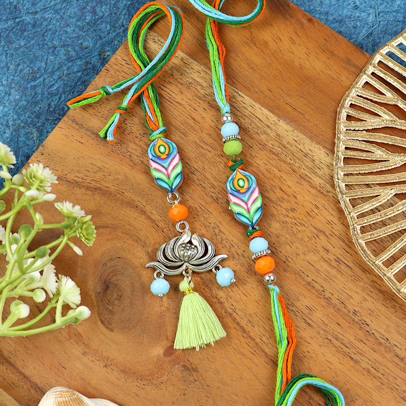 Mor Pankh Enamel Silver Lotus Bhai Bhabhi Rakhi Pair