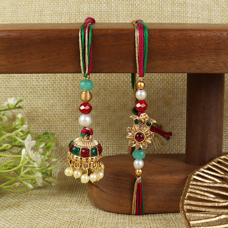 Jhumka Bhai Bhabhi Rakhi pair — Rakhi and Lumba laid flat
