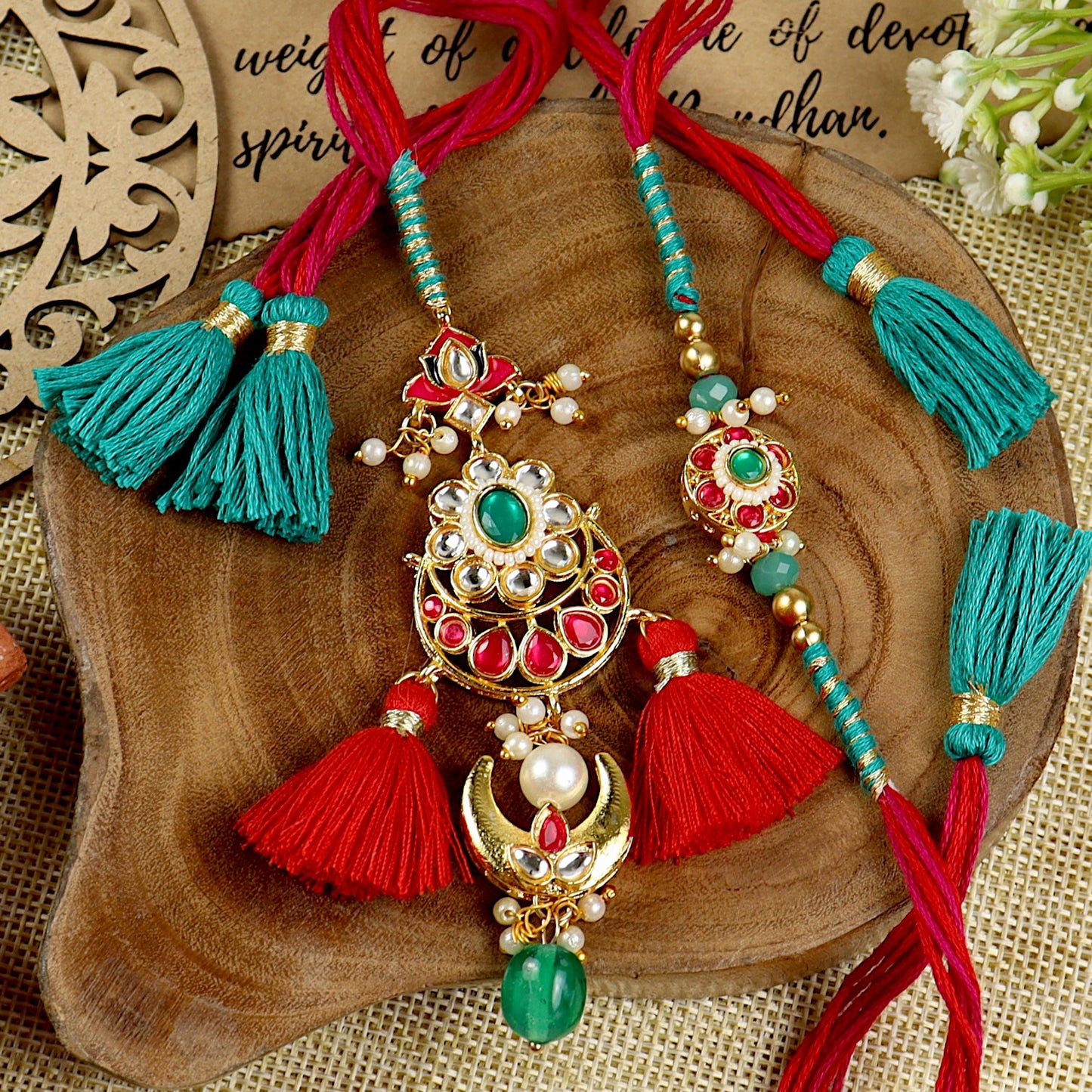 Kundan Stone Bhai Bhabhi Rakhi pair — Rakhi and Lumba laid flat