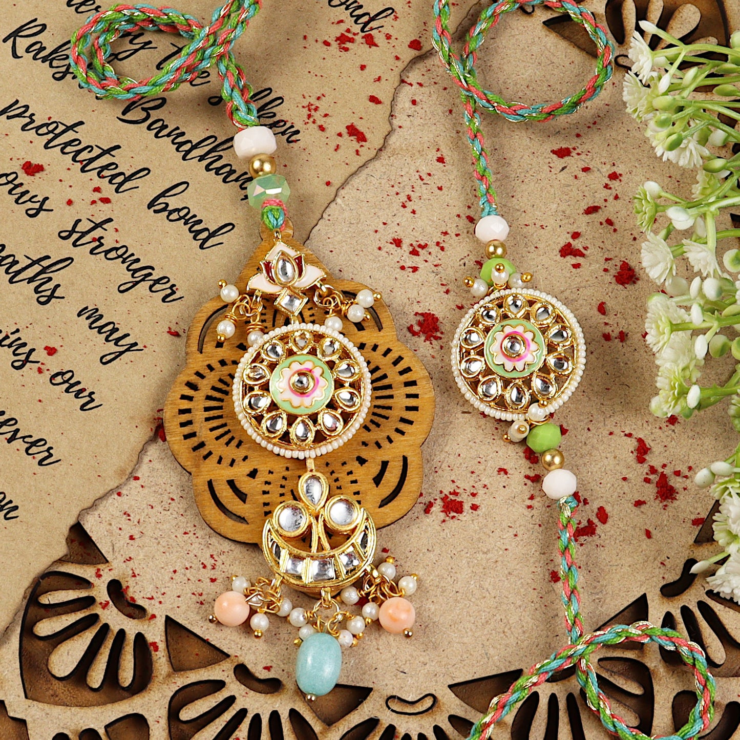 Kundan Wood Bhai Bhabhi Rakhi Pair