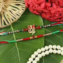 Load image into Gallery viewer, Set of 2 Ganesha Rudraksha Rakhis – Designer Rakhi by Asthetika for Raksha Bandhan
