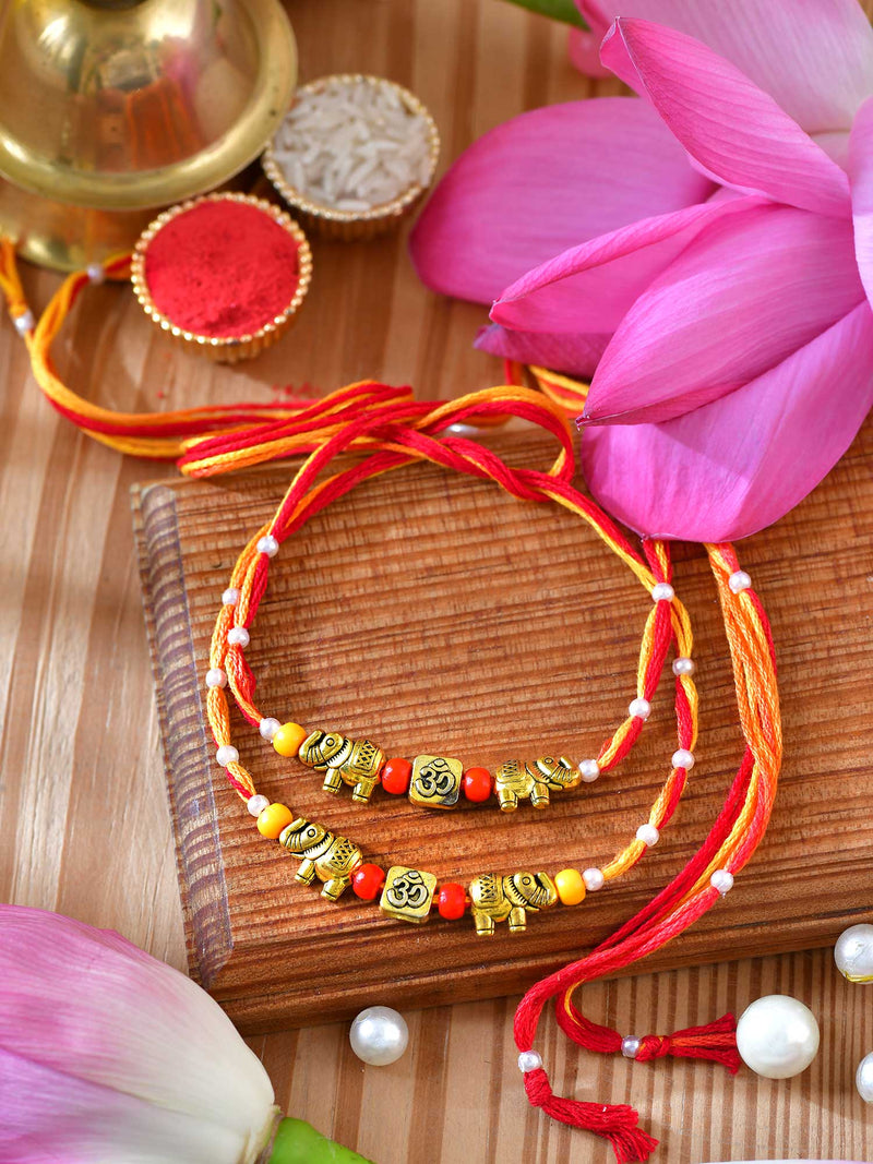 Elephant Om Long Rakhis set of 2 with elephant and Om charms on long cords