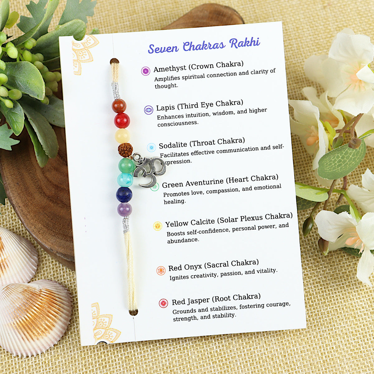 Seven Chakras Stone Healing Om Rakhi Packed in a Features Card