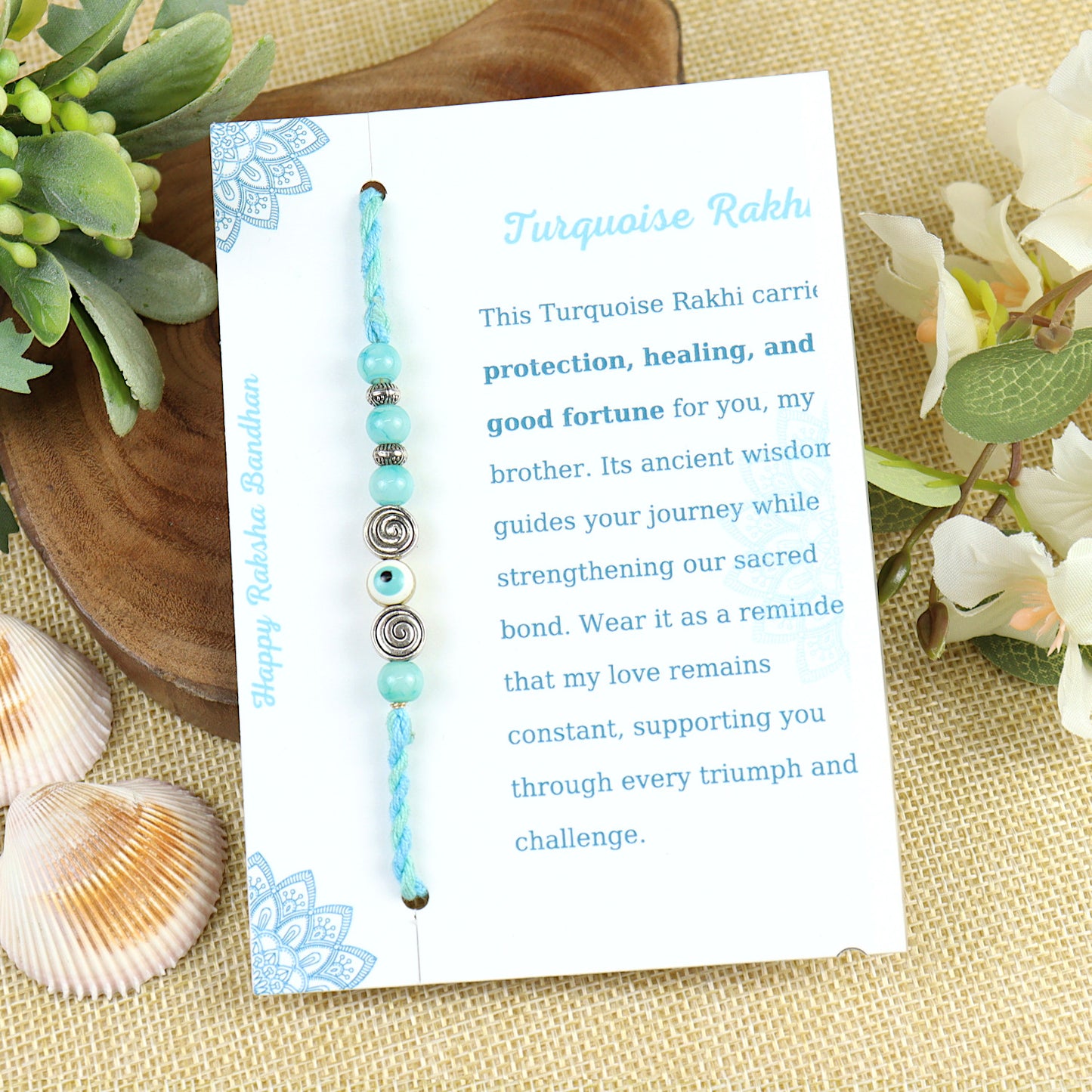 Turquoise Stone Healing Rakhi Packed in a Features Card