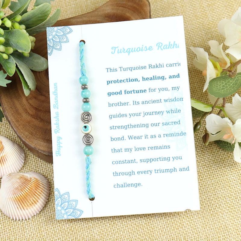 Turquoise Stone Healing Rakhi Packed in a Features Card