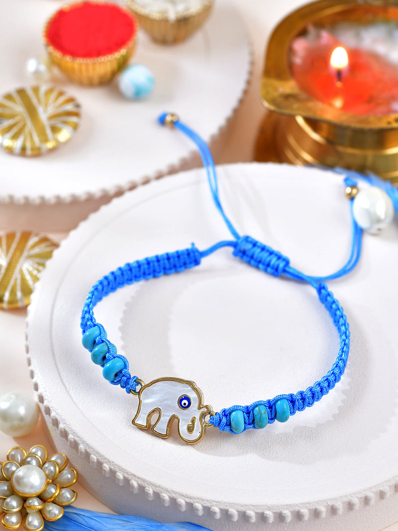 Elephant Evil Eye Bracelet Rakhi with elephant and Evil Eye charms on a drawstring cord