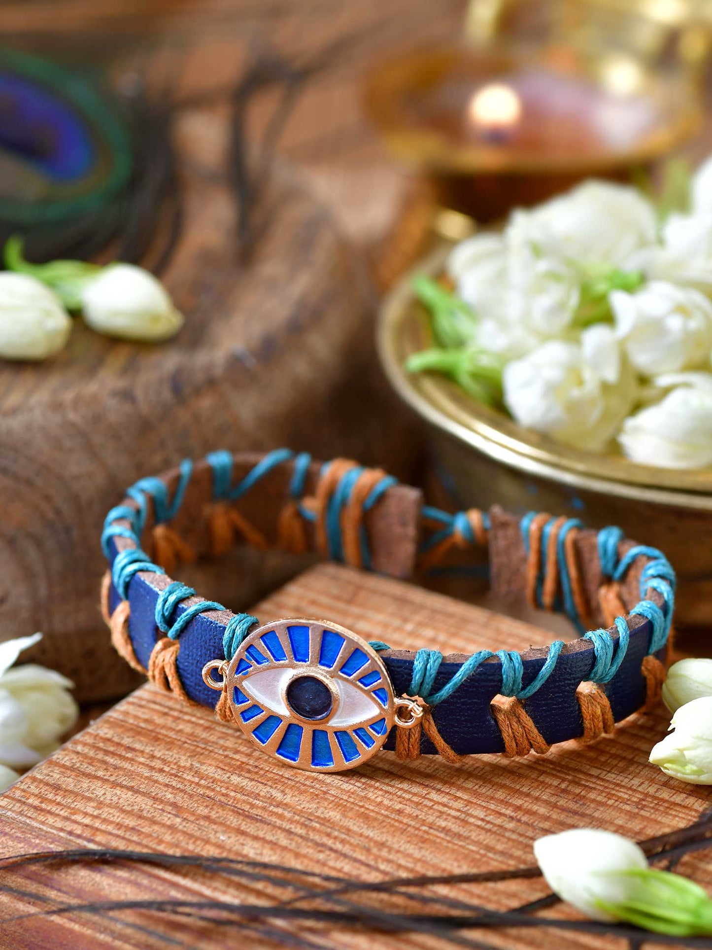 Evil Eye Leather Bracelet Rakhi with Evil Eye charm on a leather drawstring cord