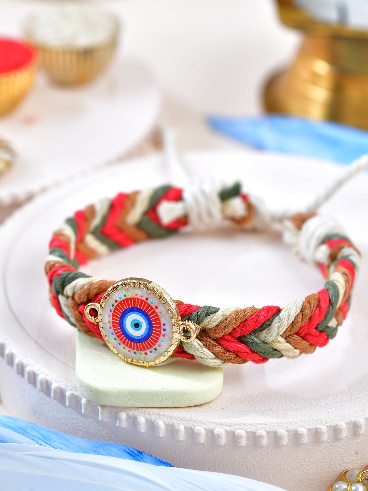 Evil Eye leather cord bracelet Rakhi with Evil Eye charm on a leather drawstring