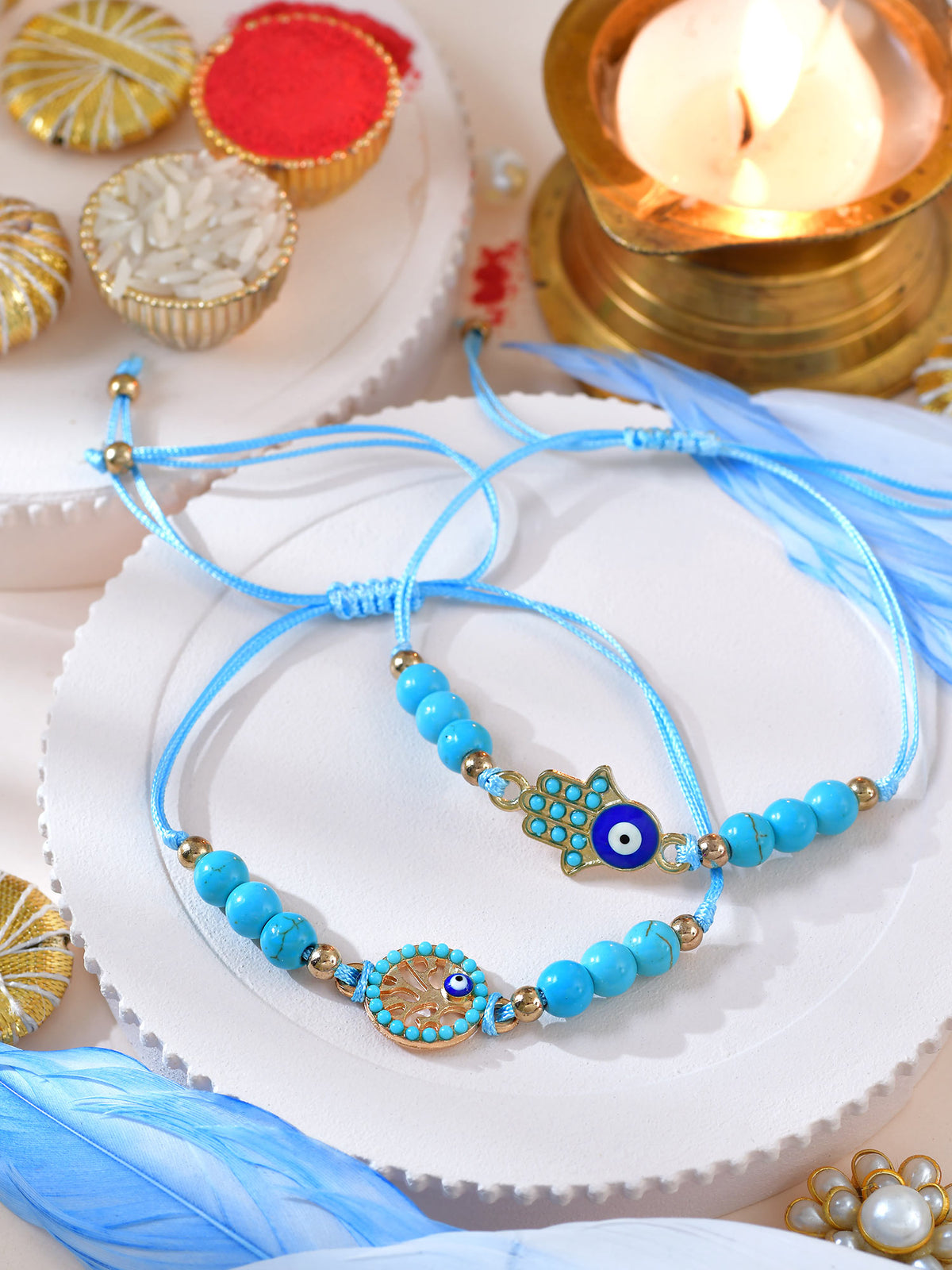 Tree of Life Evil Eye Bracelet Rakhis set of 2 on a surface