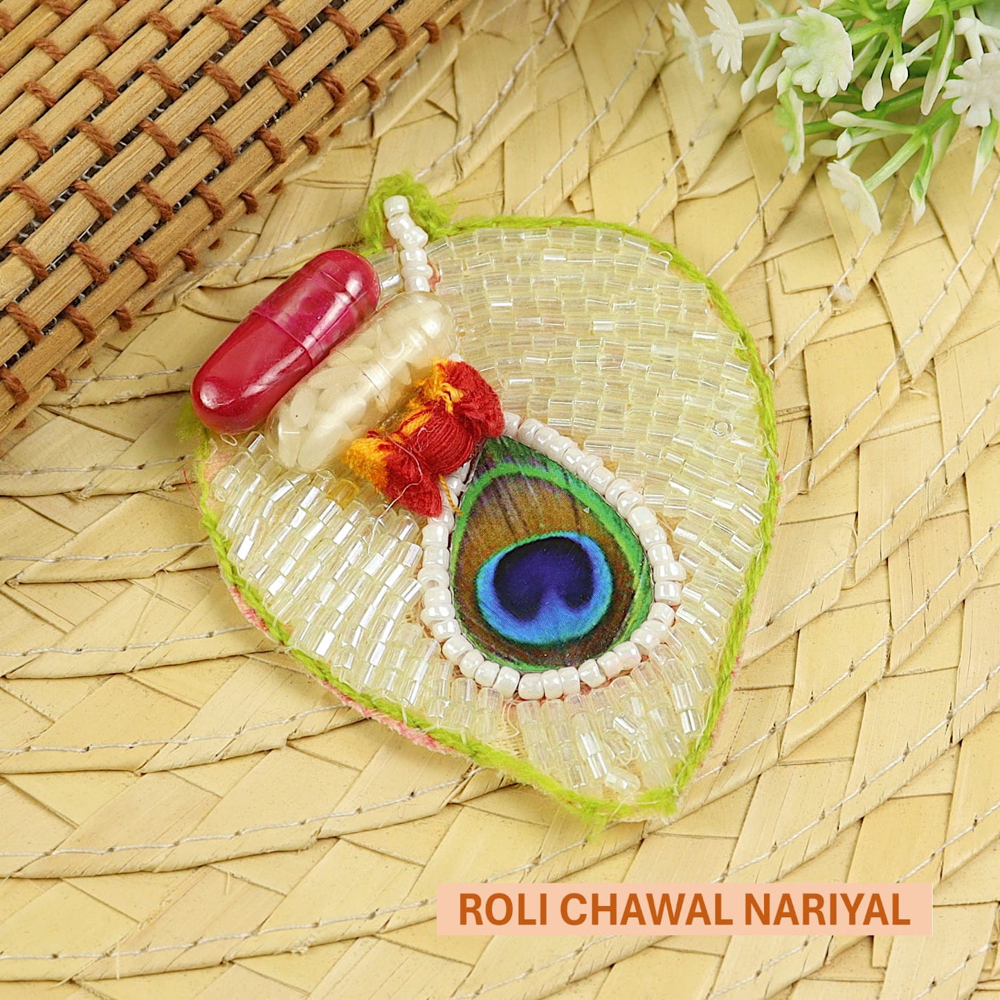 Beaded Peacock Mat Roli Chawal and Nariyal Set