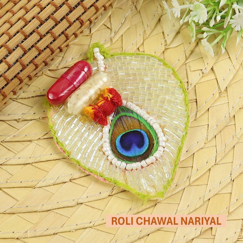 Beaded Peacock Mat Roli Chawal and Nariyal Set
