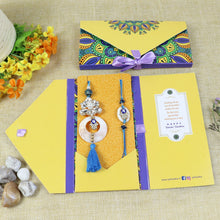 Load image into Gallery viewer, Diamond Stone Hamsa Evil Eye Bhaiya Bhabhi Rakhi Pair in Fancy Envelope
