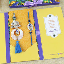 Load image into Gallery viewer, Diamond Stone Hamsa Evil Eye Bhaiya Bhabhi Rakhi Pair in Fancy Envelope
