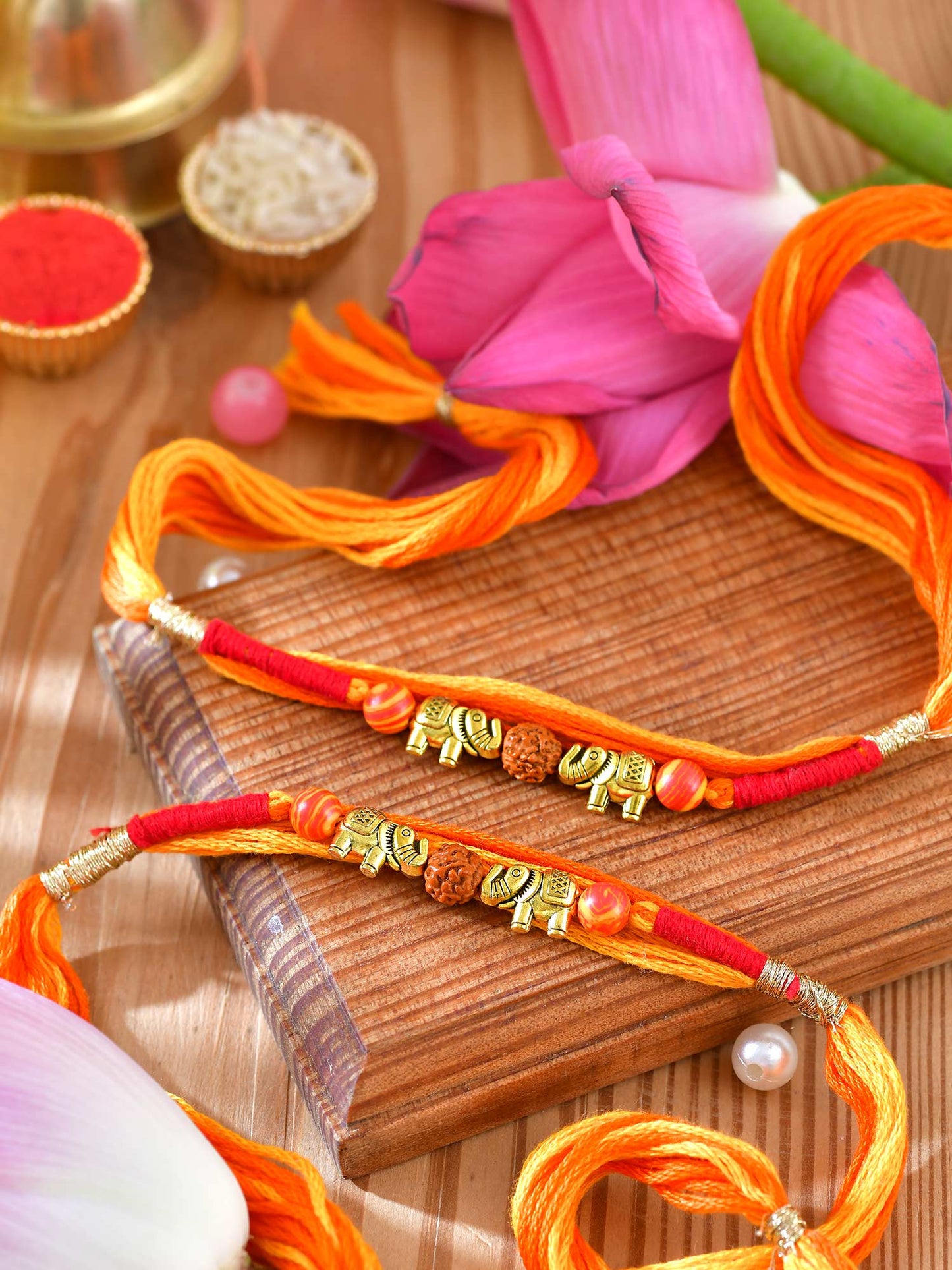 Elephant Rudraksha Rakhis set of 2 with elephant charms and Rudraksha detailing