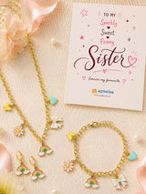 Multi charm bracelet and necklace set, laid flat