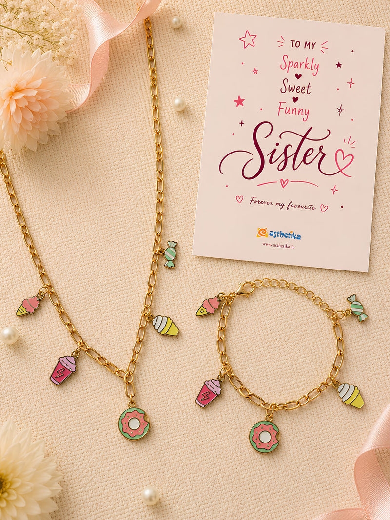 Charm necklace and bracelet gift set, laid flat