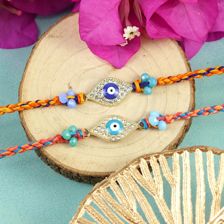 Diamond Evil Eye Rakhi Colourful Threads - Set of 2