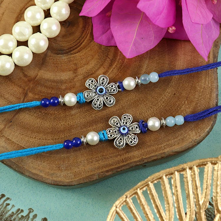 Oxidized Flower Evil Eye Rakhis [Set of 2]