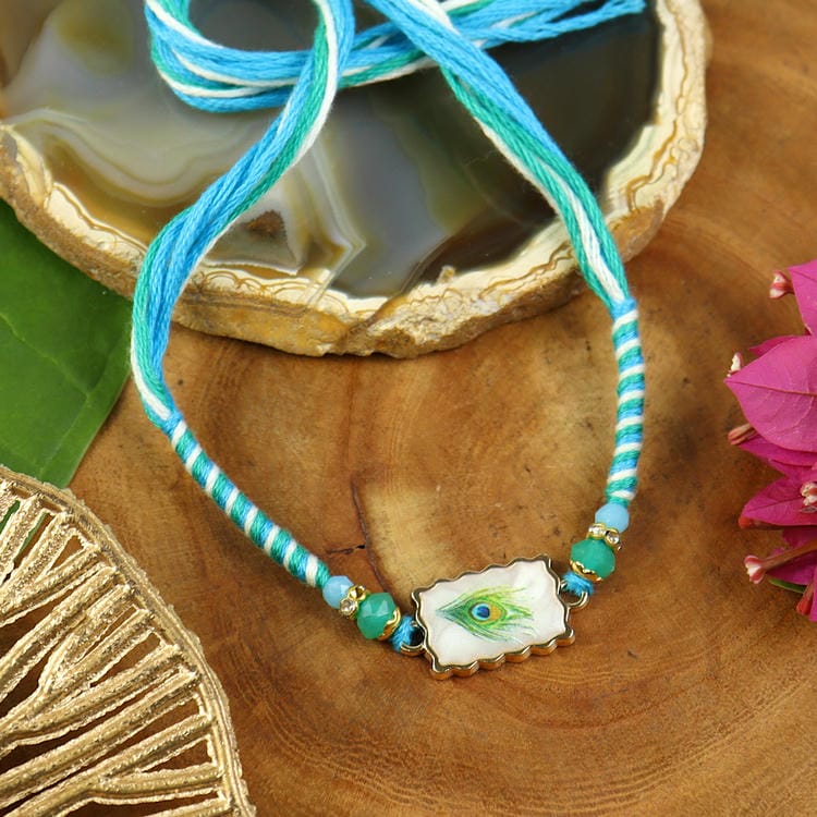 Peacock Inlay Stone Woven Thread Rakhi