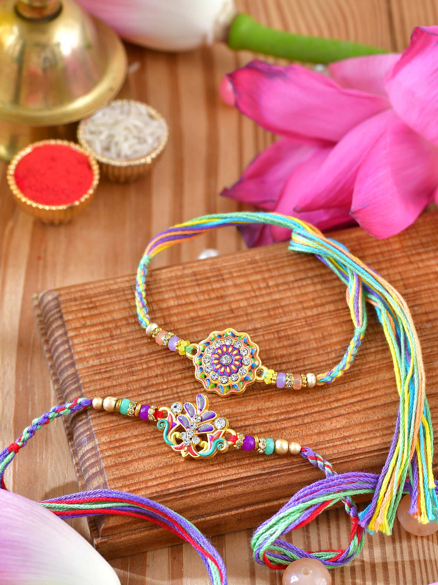 Minakari stone Rakhis set of 2 with Minakari stone detailing on thread cords