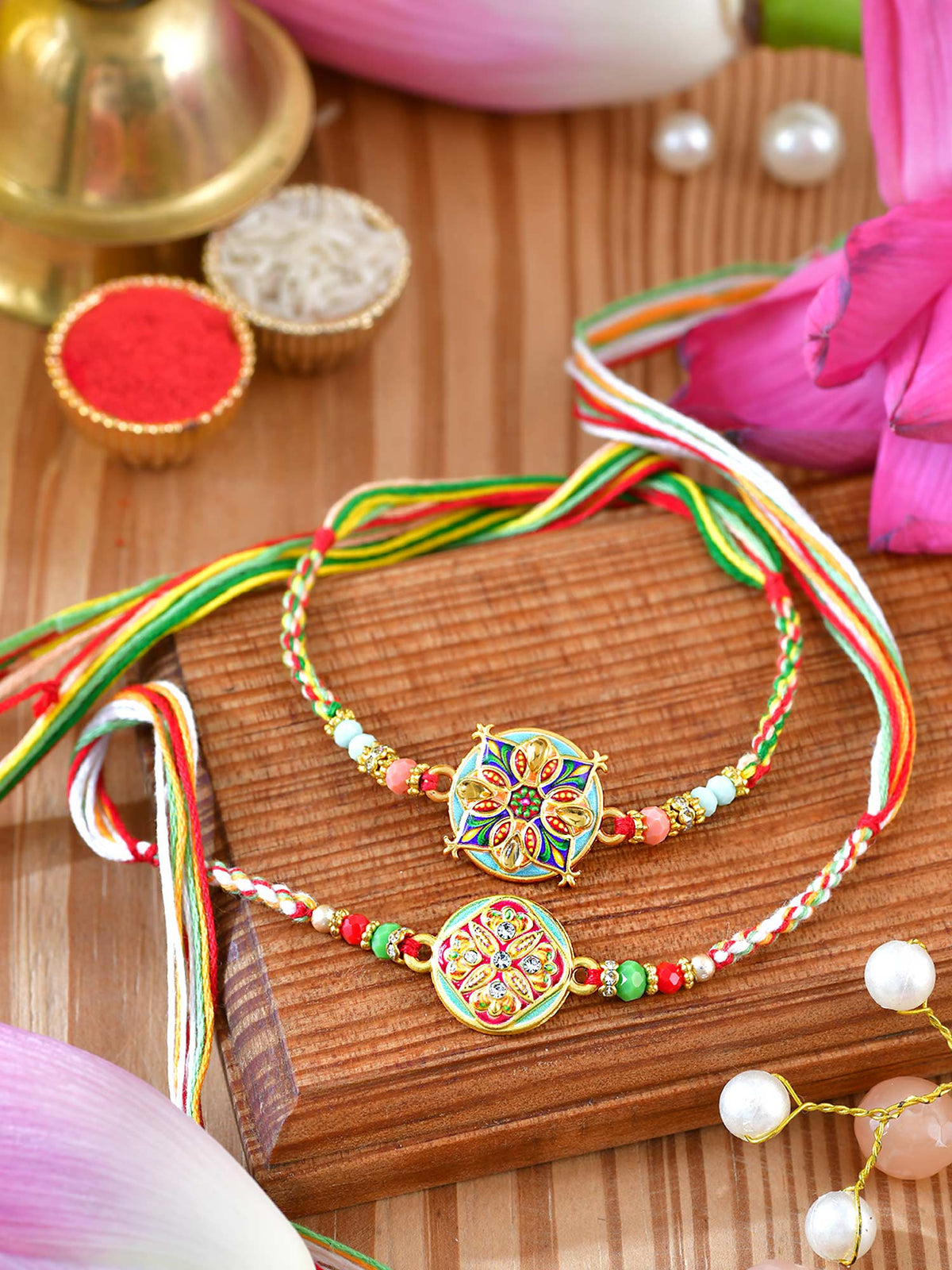 Minakari stone Rakhis duo with Minakari stone detailing on thread cords
