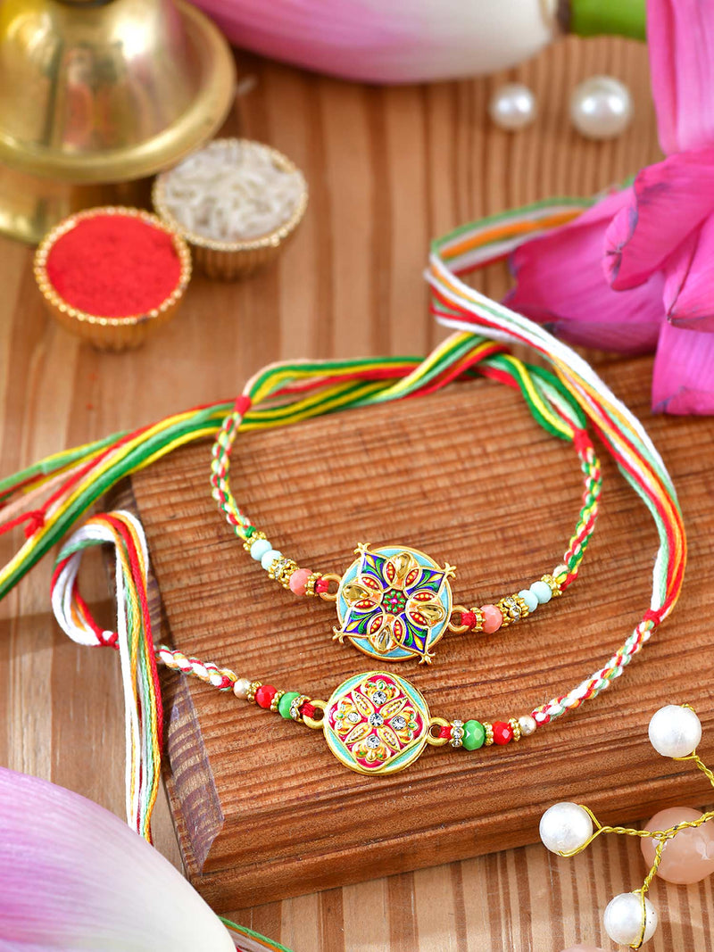 Minakari stone Rakhis duo with Minakari stone detailing on thread cords