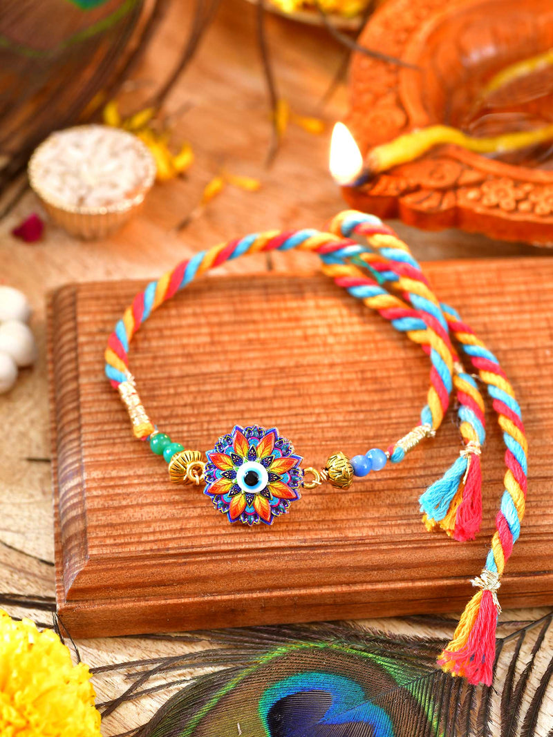 Evil Eye Floral Stone Rakhi with Evil Eye charm and floral stone detailing