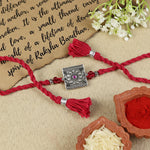 Square Ruby Oxidised Rakhi, laid flat