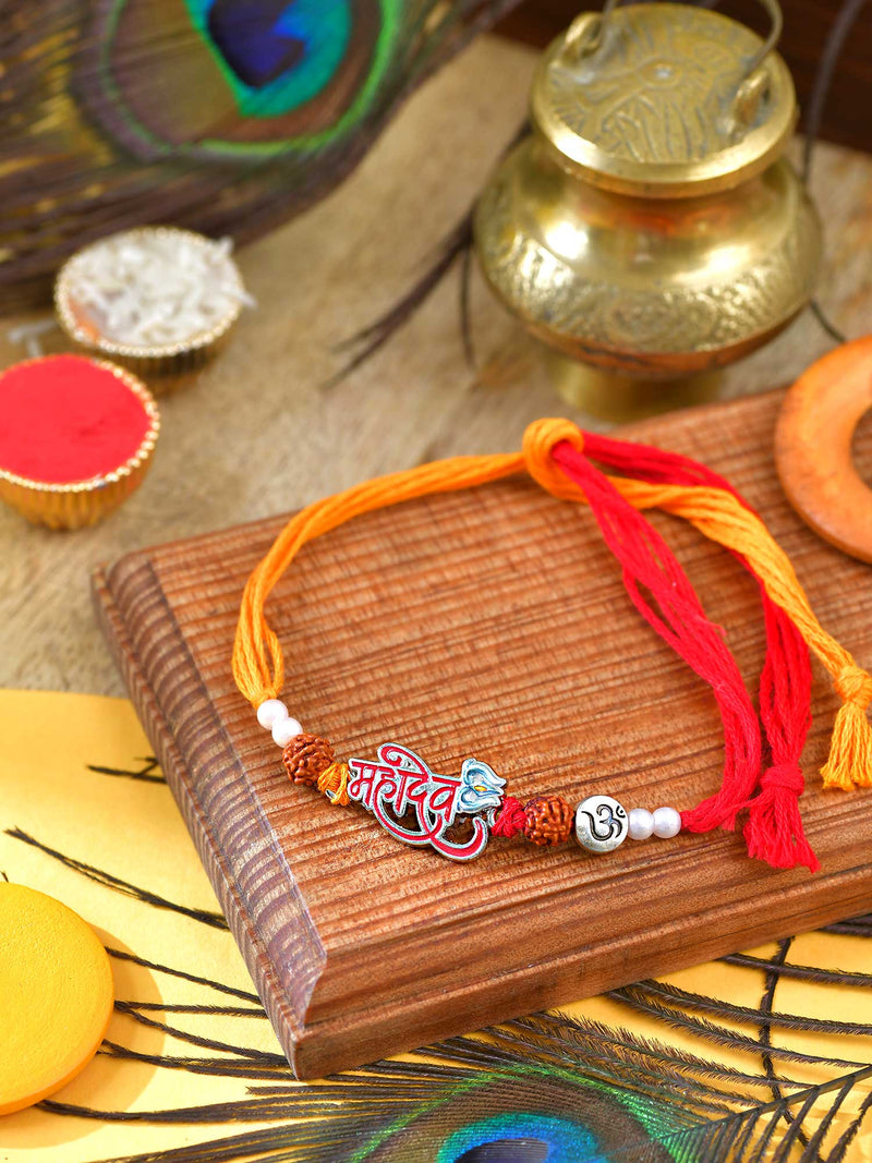 Mahadev Rudraksh Rakhi with metal charm and Rudraksha beads on a thread cord