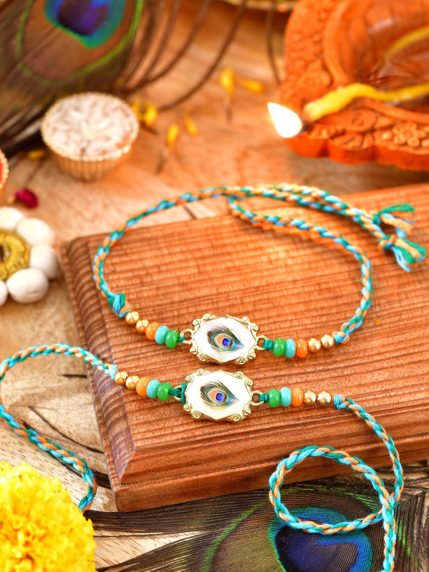 Peacock feather stone Rakhis set of 2 with peacock feather stone detailing