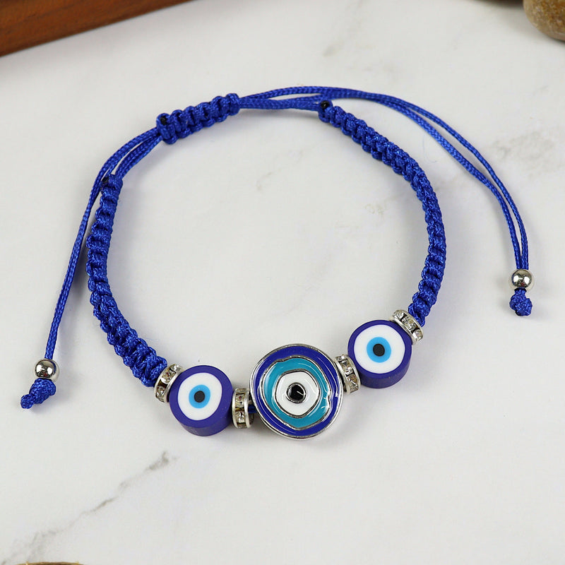 Evil Eye charm beaded woven smart bracelet, laid flat