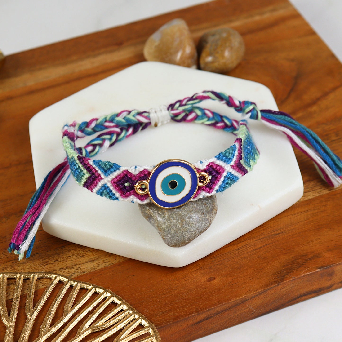 Evil Eye woven smart bracelet, laid flat