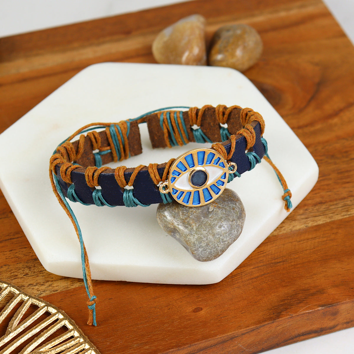 Evil Eye leather smart bracelet, laid flat