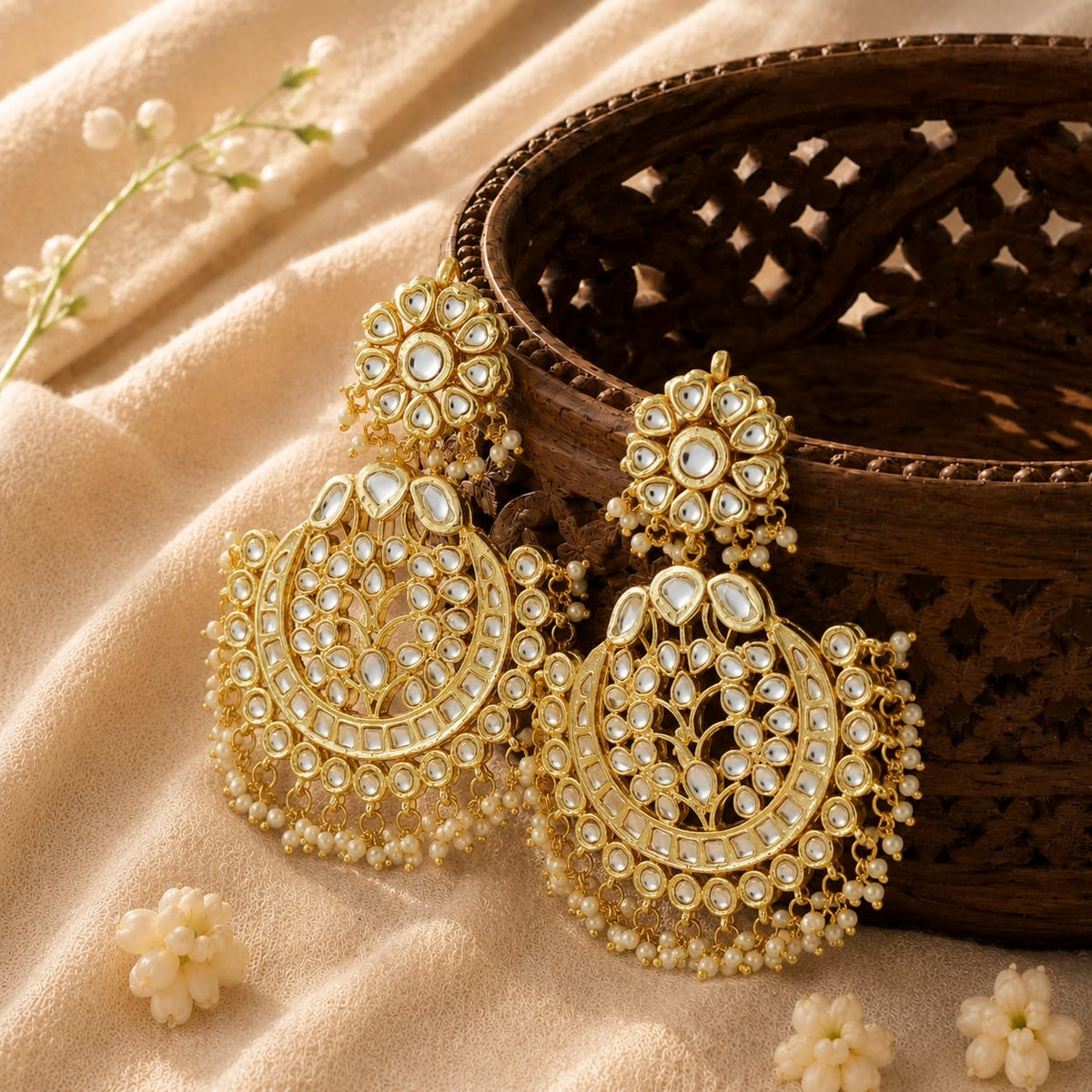 Kundan Chandbali earrings with mirror work and pearl beads, gold-toned, laid flat