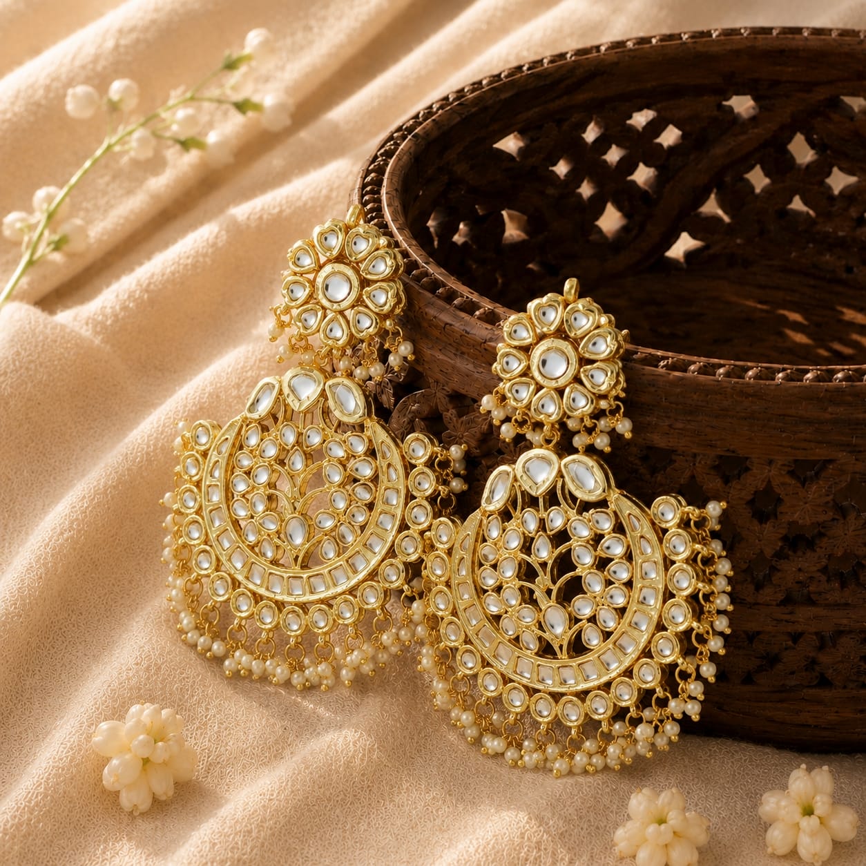Kundan Chandbali earrings with mirror work and pearl beads, gold-toned, laid flat