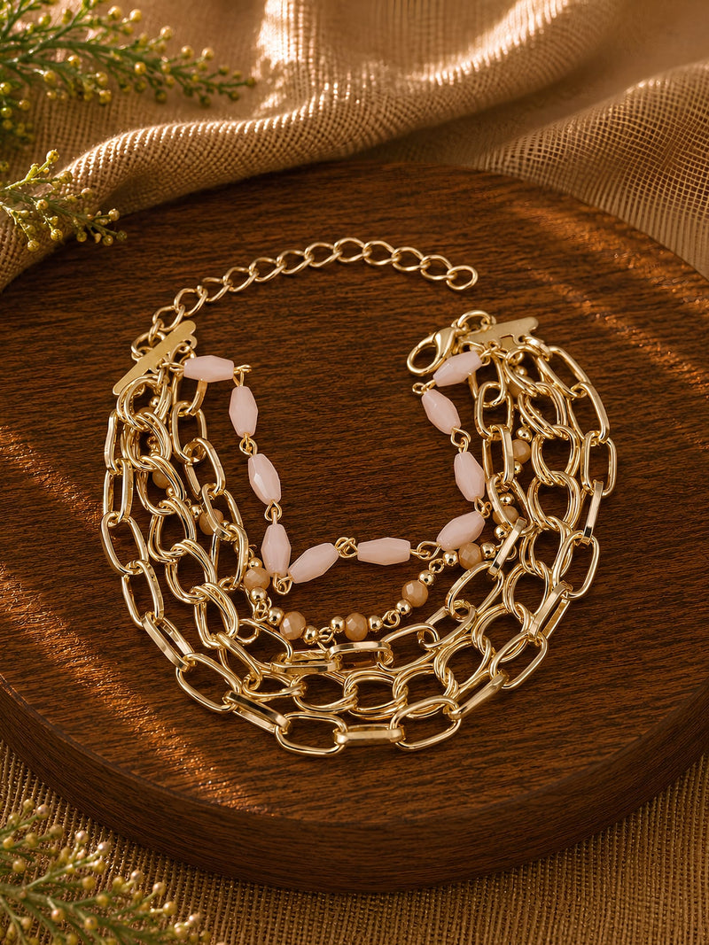 Gold tone chain beaded bracelet on an adjustable chain, laid flat