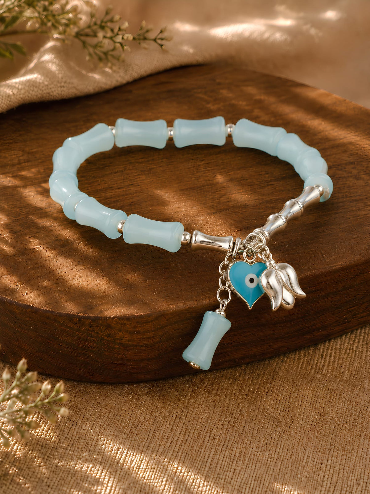 Evil eye charm beaded bracelet, laid flat