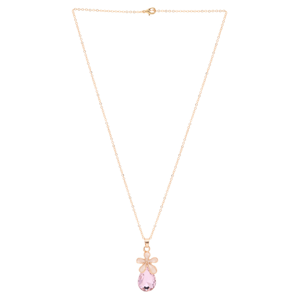 Pastel pink crystal necklace worn, shown with matching drop earrings