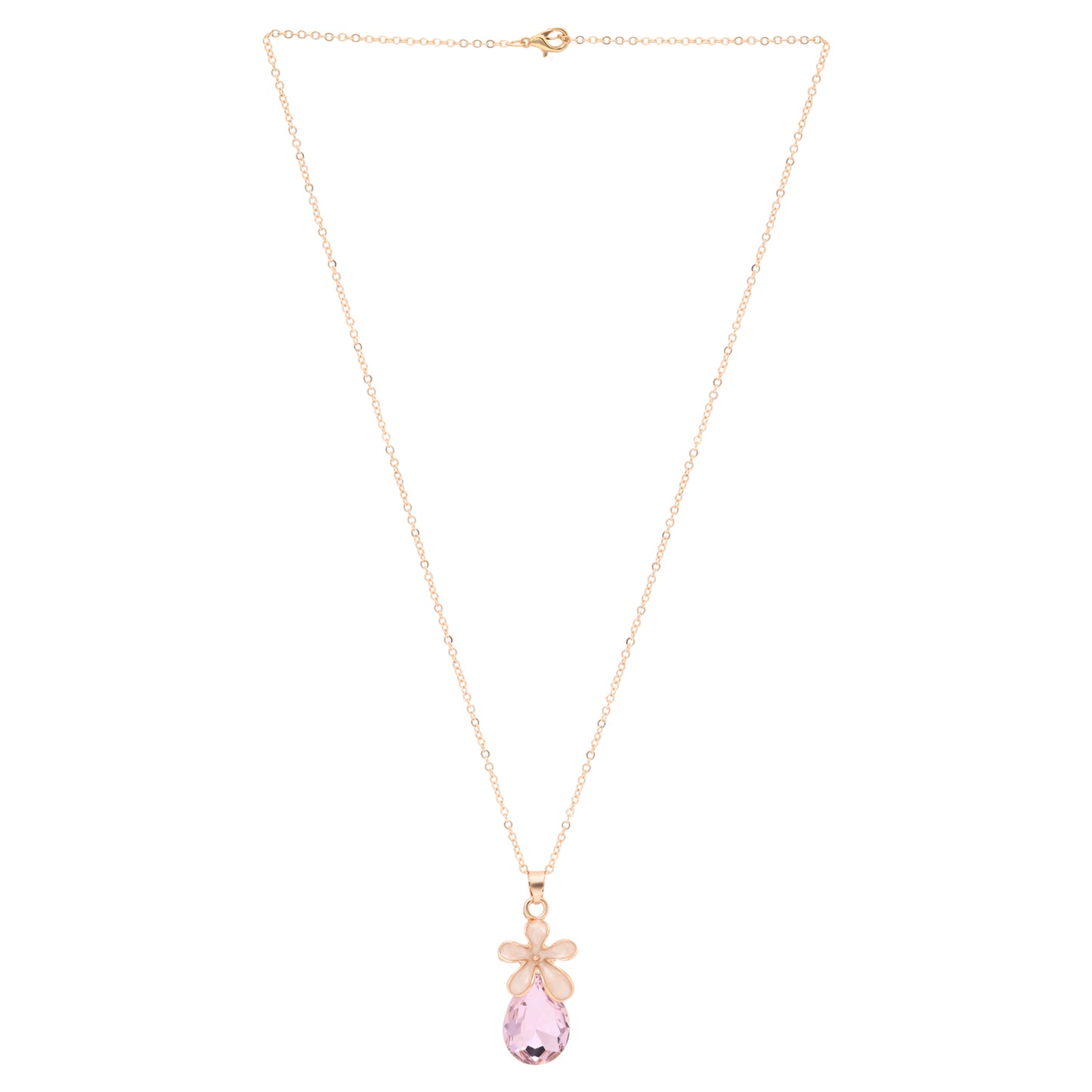 Pastel pink crystal necklace worn, shown with matching drop earrings