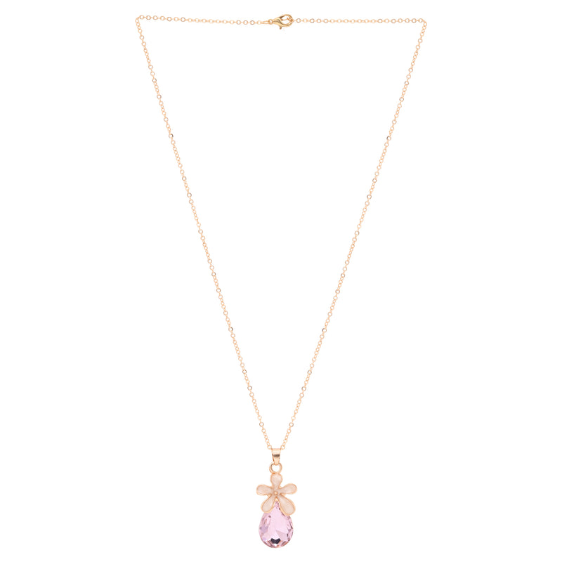 Pastel pink crystal necklace worn, shown with matching drop earrings